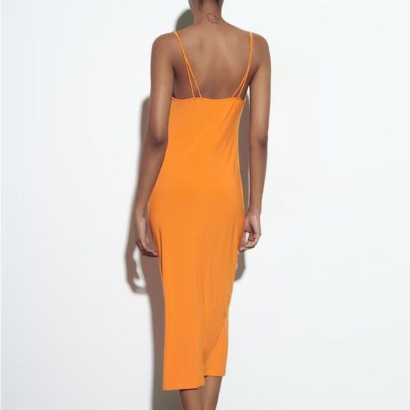 Zara Draped Neck Dress with thin double straps in back Orange L NWT - Picture 4 of 10